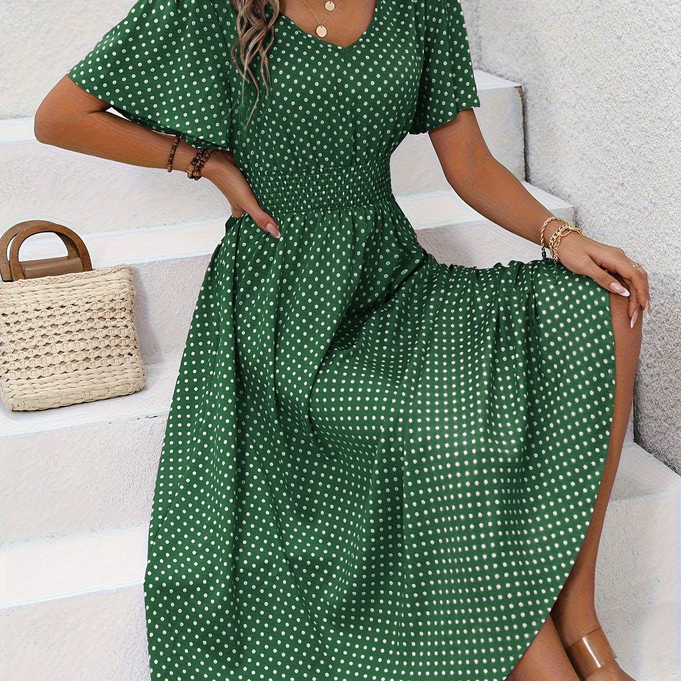 Maëva™ | Robe midi chic à pois roses - LUNAEVE