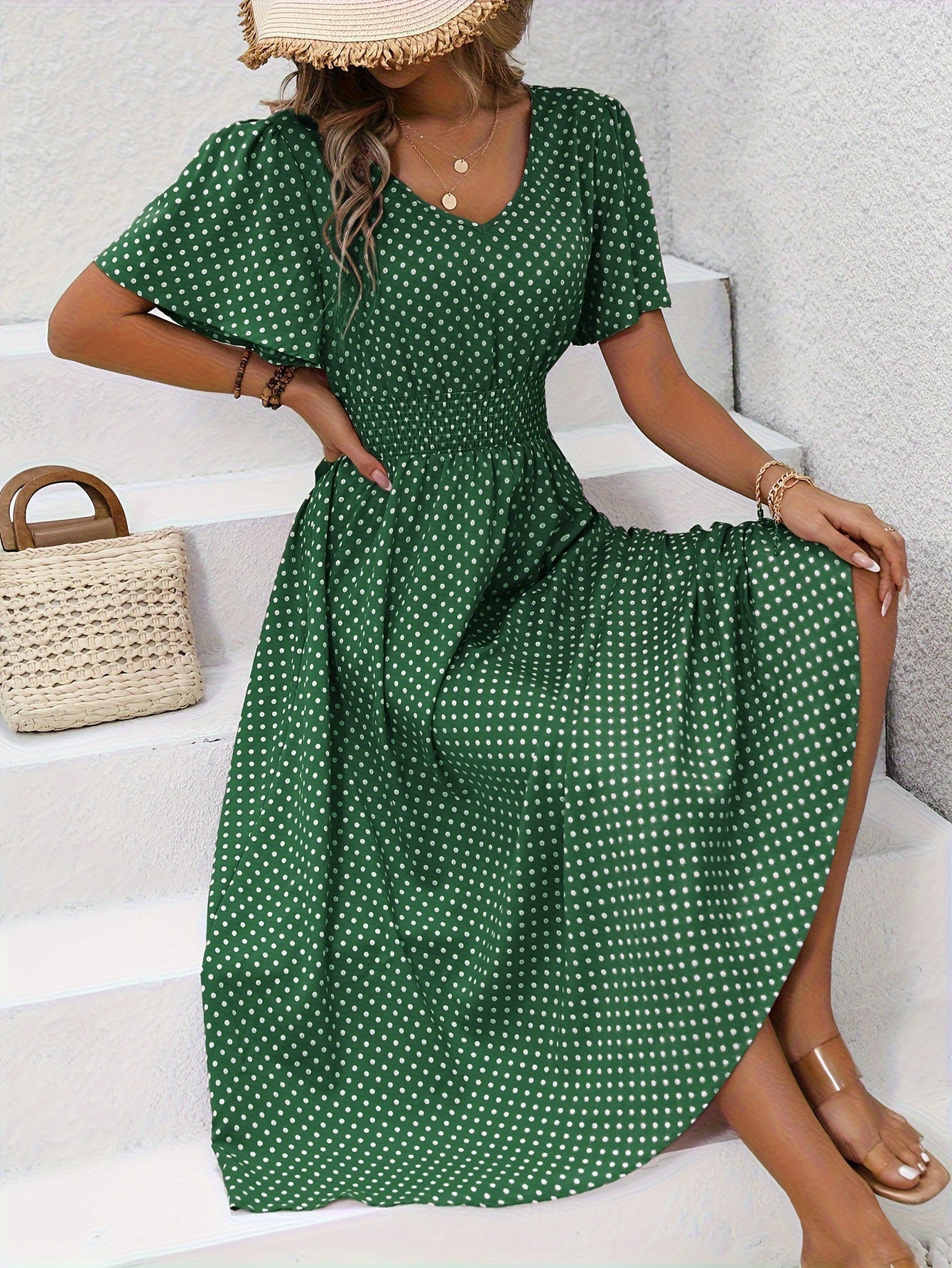 Maëva™ | Robe midi chic à pois roses - LUNAEVE