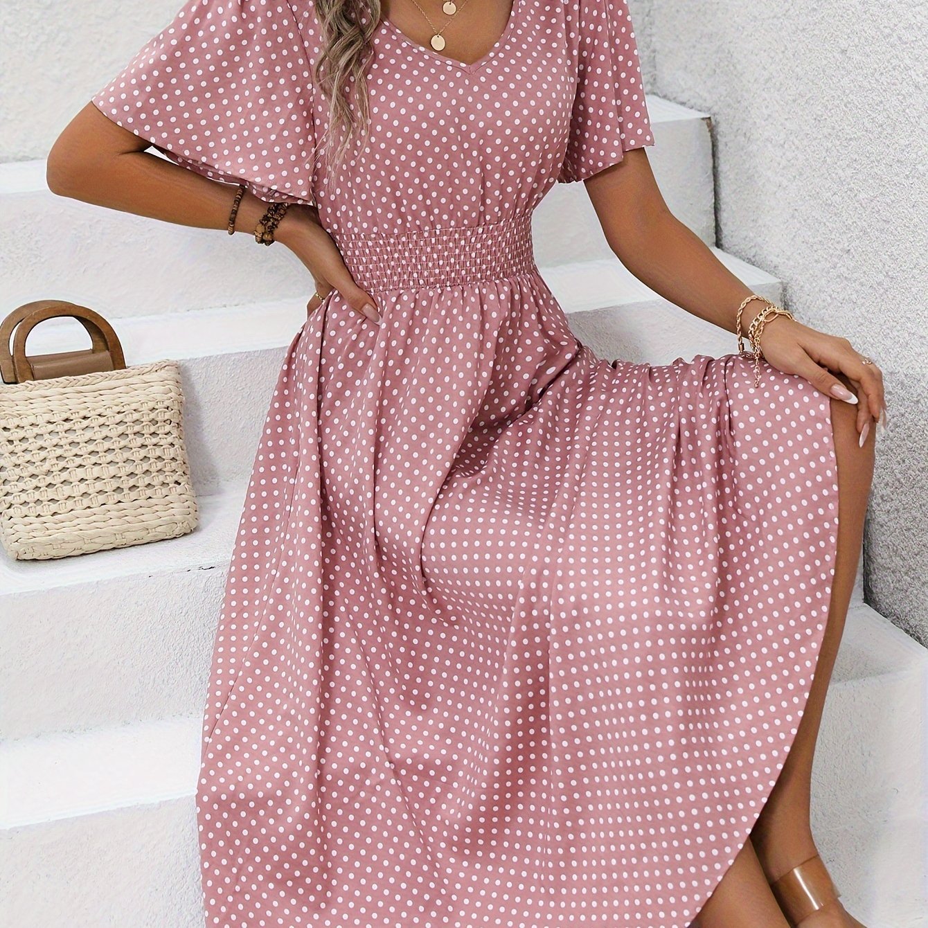 Maëva™ | Robe midi chic à pois roses - LUNAEVE
