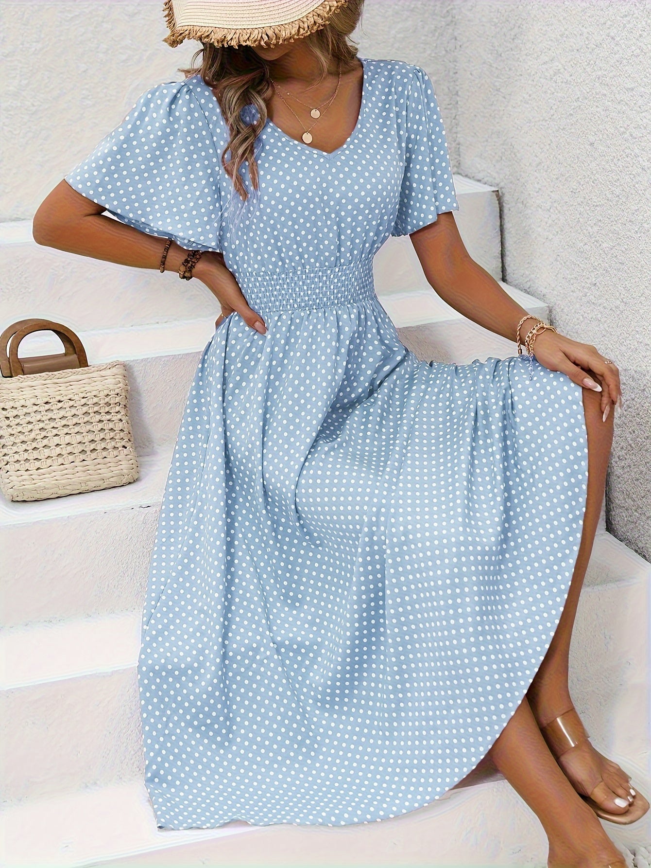 Maëva™ | Robe midi chic à pois roses - LUNAEVE